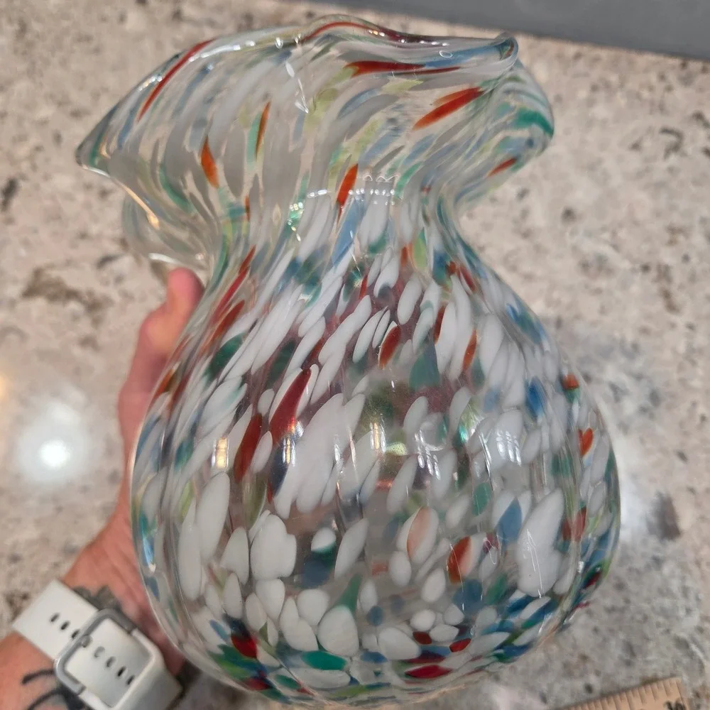 Hand Blown‎ Confetti Glass Vase Ruffled Rim Multi Color Splatter Art Glass 6.5